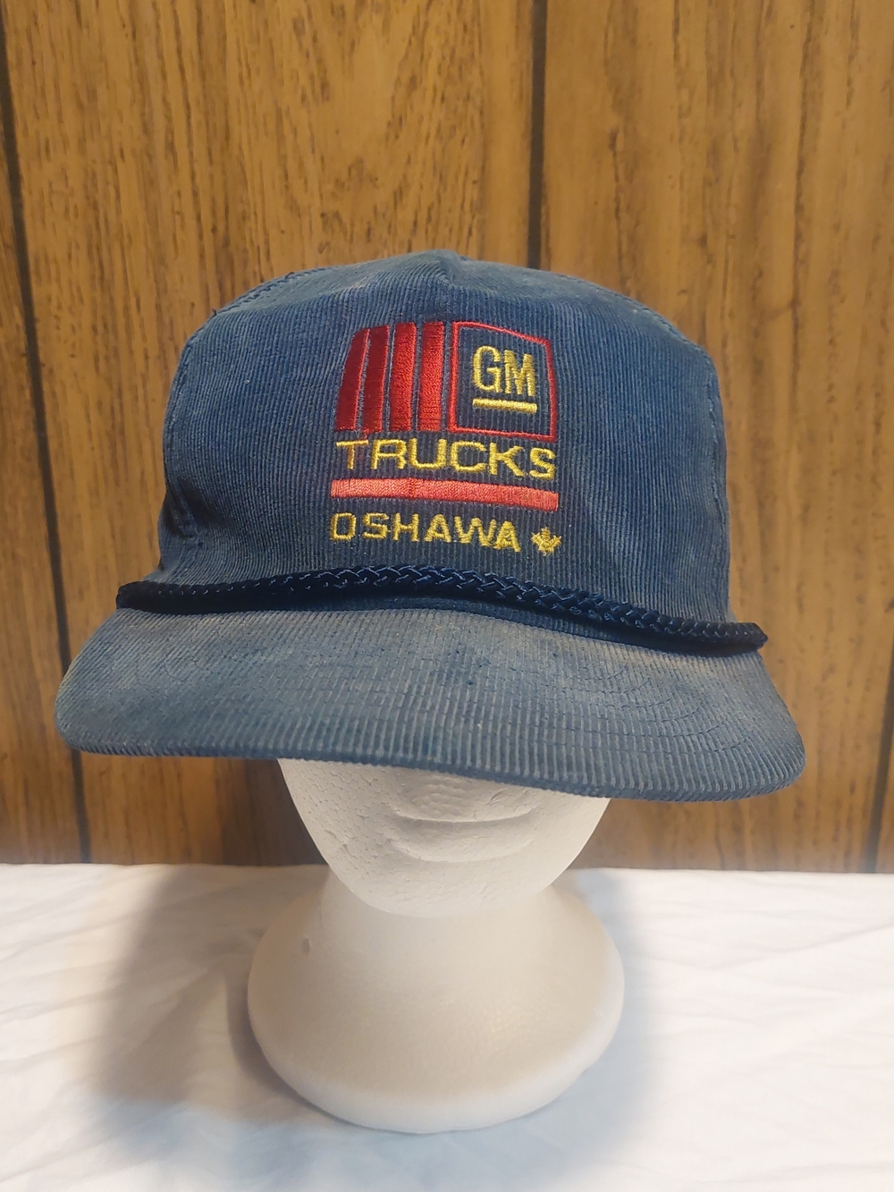 GM Trucks Oshawa Canada Blue Corduroy Snapback Hat Vintage 80s